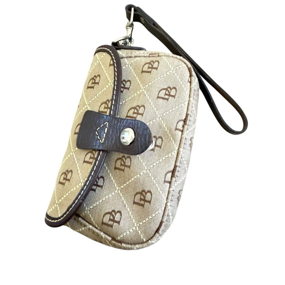 Dooney & Bourke DB Wristlet Brown Canvas Leather Trim Zip Pouch Bag